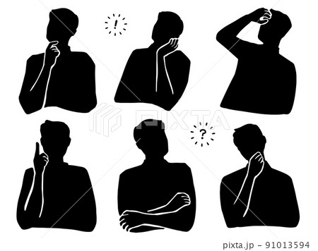 シルエット男性　黒　疑問悩めるジェスチャーイラスト 91013594