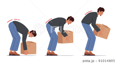 Incorrect Lift of Heavy Box Concept. Man Stand Up with Cardboard Pack in Hands. Back Safety, Injury Prevention Technique 91014805