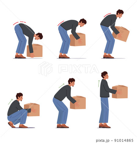 Correct and Incorrect Lift of Heavy Box, Health Care, Injury Prevention Concept. Man Stand Up with Cardboard Package 91014865
