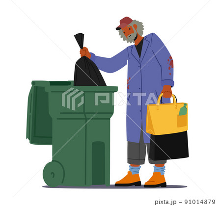 Homelessness and Unemployment Social Problem Concept. Homeless Jobless Poor Man in Old Clothes Fumble in Trash 91014879