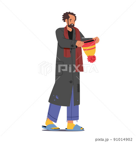 Homeless Adult Man Begging Money Holding Hat in Hands and Need Help, Bagger Male Character Living on Street Homeless Adult Man Begging Money Holding Hat in Hands and Need Help, Bagger Male Character Living on Street 91014902