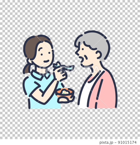 食事を介助する介護士とおばあちゃんのカラーイラスト 91015174