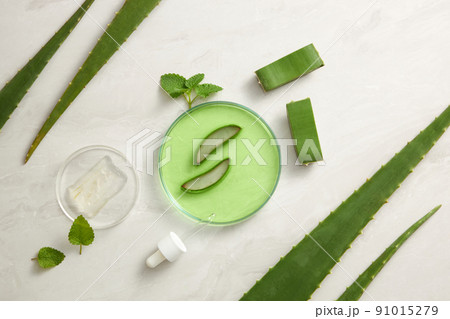 Aloe vera extract research in laboratory with a petri dish and a woonen dish dropper in white background for aloe vera research advertising , photography science content 91015279