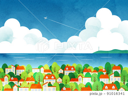 水彩風夏の海街背景ヨコ 91016341