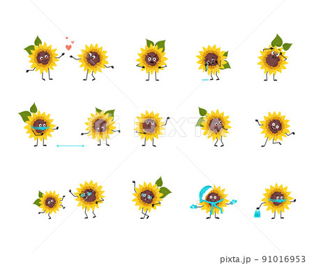 Sunflower character with happy or sad emotions, panic, loving or brave face, hands and legs. Plant person with mask, glasses or hat. Vector flat illustration  91016953