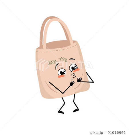 Cute character fabric bag with love emotions, smile face, arms and legs. Shopper with funny face, ecological alternative to plastic bag. Vector flat illustration 91016962