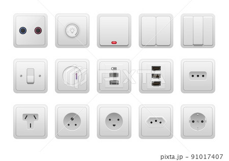 Socket and switch. Realistic AC power equipment, electric current wall socket of different types, European and USA. Vector isolated set 91017407
