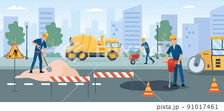 Road works, workers repair street renovate asphalt Road works, workers repair street renovate asphalt 91017461