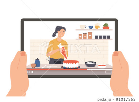 Hands holding tablet with culinary broadcast by vlogger Hands holding tablet with culinary broadcast by vlogger 91017565