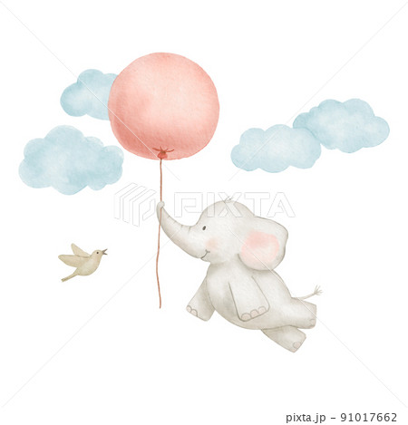 Bird and Cute baby elephant flying with redのイラスト素材