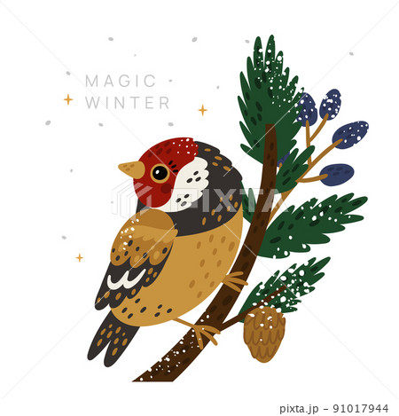 Magic winter card with goldfinch sitting on tree branch 91017944