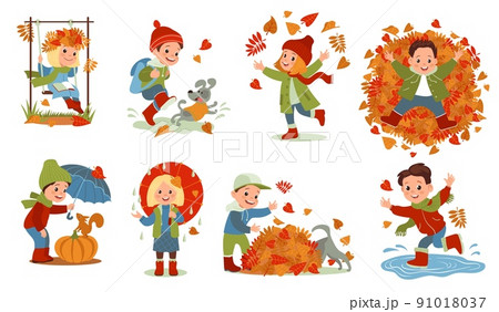 Autumn kids. Cute little children playing with fallen foliage and jumping through rain puddles. Orange leaves. Seasonal fun. Happy boys and girls walking in park. Splendid vector set 91018037