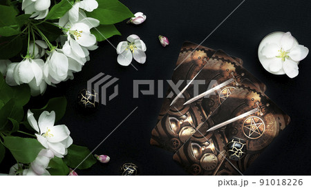 Tarot card Reading flowers Black background Tarot card Reading flowers Black background 91018226