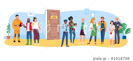 People of different profession search job. Specialists in employment office. Candidates for vacancy. Photographer and fireman recruitment. Hiring policeman and painter. Vector concept 91018706
