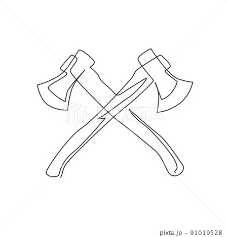 Continuous one line drawing lumberjack axes crossed icon. Crossed axes, crossed firefighter axe, fire service fireman axe, Hatchet in vector format. Single line draw design vector graphic illustration Continuous one line drawing lumberjack axes crossed icon. Crossed axes, crossed firefighter axe, fire service fireman axe, Hatchet in vector format. Single line draw design vector graphic illustration 91019528