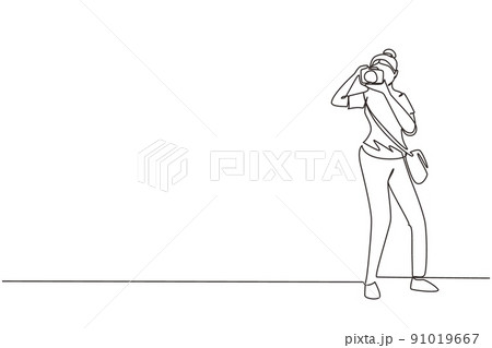 Continuous one line drawing woman with camera and sling bag taking pictures. Female paparazzi or journalist occupation, digital photography hobby activity. Single line draw design vector illustration Continuous one line drawing woman with camera and sling bag taking pictures. Female paparazzi or journalist occupation, digital photography hobby activity. Single line draw design vector illustration 91019667