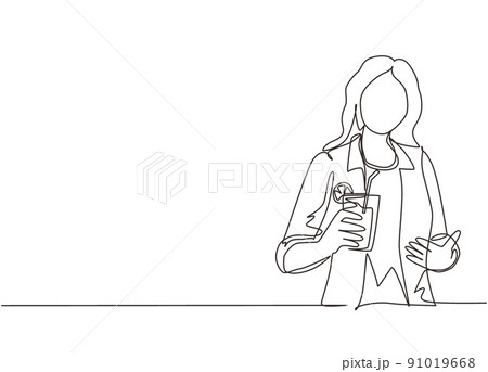Single one line drawing happy woman showing summer refreshing fruit flavored infused water with fresh organic lemon, lime, mint at glass. Relax time. Continuous line draw design vector illustration Single one line drawing happy woman showing summer refreshing fruit flavored infused water with fresh organic lemon, lime, mint at glass. Relax time. Continuous line draw design vector illustration 91019668