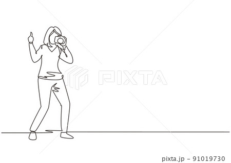 Single continuous line drawing cute woman photographer standing, thumbs up gesture, holding photo camera and photographing. Creative profession or occupation. One line draw design vector illustration Single continuous line drawing cute woman photographer standing, thumbs up gesture, holding photo camera and photographing. Creative profession or occupation. One line draw design vector illustration 91019730