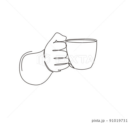 Single one line drawing hand holding hot coffee cup with steam, business person want to drink coffee. Hands worker want to drink coffee before work. Continuous line draw design vector illustration Single one line drawing hand holding hot coffee cup with steam, business person want to drink coffee. Hands worker want to drink coffee before work. Continuous line draw design vector illustration 91019731