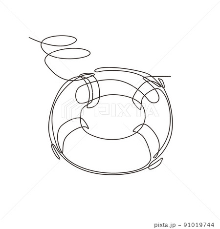 Single continuous line drawing lifebuoys, rescue belts, inflatable rubber ring with rope for help and safety of life drowning. Rescue ring for quick help. One line draw design vector illustration Single continuous line drawing lifebuoys, rescue belts, inflatable rubber ring with rope for help and safety of life drowning. Rescue ring for quick help. One line draw design vector illustration 91019744