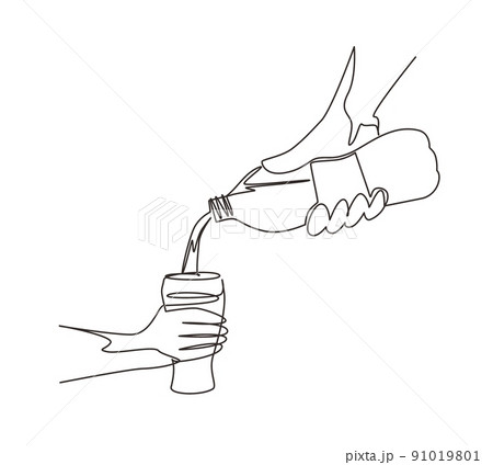 Continuous one line drawing human is picking up glass of water from plastic bottle. Cool mineral natural drink. Glass and bottle holding in hand. Single line draw design vector graphic illustration 91019801