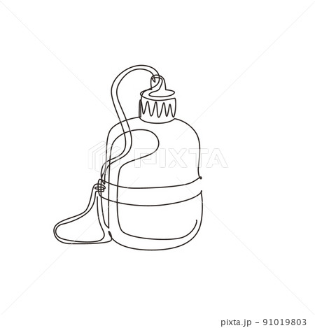 Continuous one line drawing thermal cup and flask, compact drink bottle. Travel equipment, camping, hiking tools. Element for design print, card, sticker. Single line draw design vector illustration 91019803