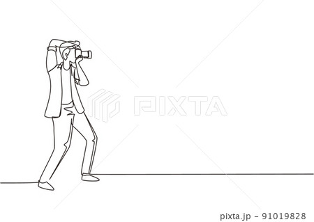 Continuous one line drawing photographer aiming target photos, People holding camera, taking photos. Professional photographer taking pictures. Single line draw design vector graphic illustration Continuous one line drawing photographer aiming target photos, People holding camera, taking photos. Professional photographer taking pictures. Single line draw design vector graphic illustration 91019828