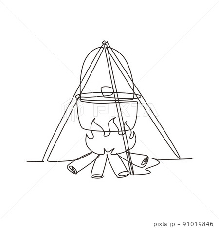 Continuous one line drawing black camping pot over a bonfire. Hot food cooking on campfire, brown cauldron kettle over fire with wood. Delicious fish soup. Single line draw design vector illustration Continuous one line drawing black camping pot over a bonfire. Hot food cooking on campfire, brown cauldron kettle over fire with wood. Delicious fish soup. Single line draw design vector illustration 91019846