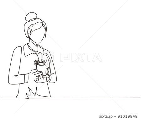 Single continuous line drawing young woman teacher hand holding mug of orange juice at office in morning daylight. Leisure time before start teaching at university. One line draw graphic design vector 91019848