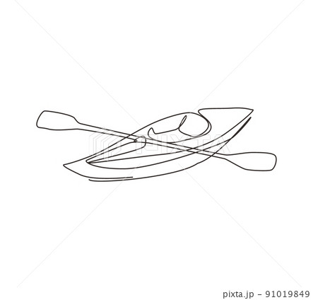 Single continuous line drawing canoe trails and rafting club with kayaking equipment. Vintage mountain, rafting, kayaking, paddling, canoeing camping. One line draw graphic design vector illustration 91019849