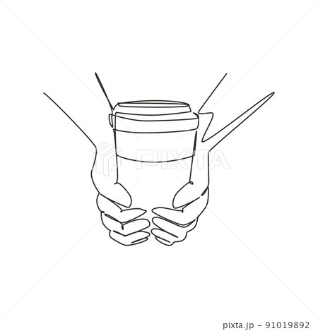 Single one line drawing take away retro illustration of vintage stylized human hands hold paper cup of hot coffee. Coffee break refreshment from work. Modern continuous line draw design graphic vector Single one line drawing take away retro illustration of vintage stylized human hands hold paper cup of hot coffee. Coffee break refreshment from work. Modern continuous line draw design graphic vector 91019892