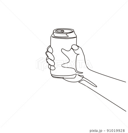 Single continuous line drawing hand holding a aluminum can drink without labels. Beverages in metal containers. Refreshing drink for people. Dynamic one line draw graphic design vector illustration Single continuous line drawing hand holding a aluminum can drink without labels. Beverages in metal containers. Refreshing drink for people. Dynamic one line draw graphic design vector illustration 91019928