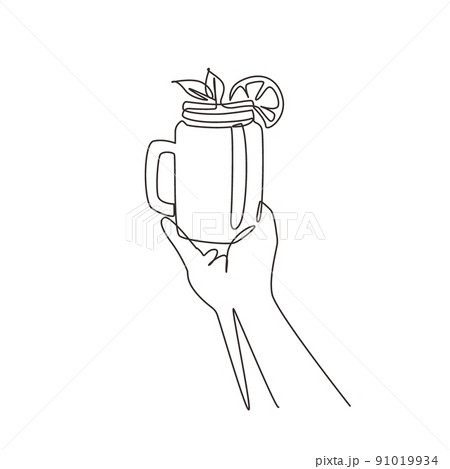 Continuous one line drawing freshly squeezed lemon-orange juice with ice with mint leaves in female hands. Woman holding vintage mug with citrus cool lemonade drink. Single line draw design vector 91019934