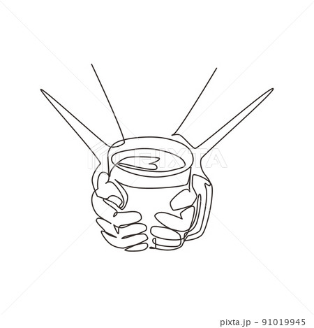 Single one line drawing cup of tea in hands of men. Man warming hands touching a hot cup of tea. Time relax in the morning with tea or coffee. Continuous line draw design graphic vector illustration 91019945