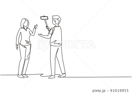 Single continuous line drawing girl makes video blog with cameraman on the street. Young woman blogger, journalist filming with smartphone and videographer. One line draw design vector illustration Single continuous line drawing girl makes video blog with cameraman on the street. Young woman blogger, journalist filming with smartphone and videographer. One line draw design vector illustration 91019955