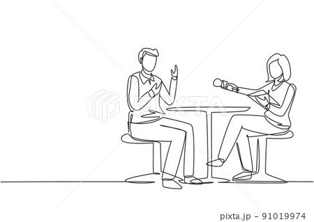 Continuous one line drawing TV presenter woman interviewing celebrity men in television studio shooting interview. Show host, guest talking. TV interview. Single line draw design vector illustration 91019974