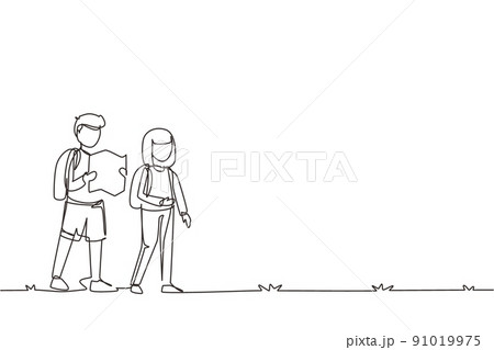 Single one line drawing little boy and girl goes camping in nature. Kids holding map, hiking, backpacks, maps, mats, compass. Family leisure concept. Modern continuous line draw design graphic vector 91019975