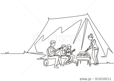 Single continuous line drawing happy family member are having barbecue in campsite. Father playing guitar, mother and kids preparing food for dinner at nature. One line draw design vector illustration Single continuous line drawing happy family member are having barbecue in campsite. Father playing guitar, mother and kids preparing food for dinner at nature. One line draw design vector illustration 91020011