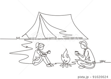 Single continuous line drawing camping or hiking couple around campfire tents. Man woman sitting on ground and drinking hot tea getting warm near bonfire. One line draw design vector illustration Single continuous line drawing camping or hiking couple around campfire tents. Man woman sitting on ground and drinking hot tea getting warm near bonfire. One line draw design vector illustration 91020024