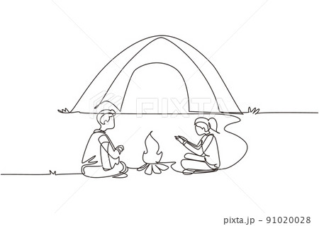 Single one line drawing couple camping around campfire tents. Man woman warm their hands near bonfire, man playing guitar. Nature exploration trip. Continuous line draw design vector illustration 91020028