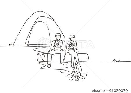 Single continuous line drawing couple hikers sitting on log of wood near campfire in forest. Man woman drinking hot tea, coffee, camping gear and backpack. One line draw design vector illustration Single continuous line drawing couple hikers sitting on log of wood near campfire in forest. Man woman drinking hot tea, coffee, camping gear and backpack. One line draw design vector illustration 91020070