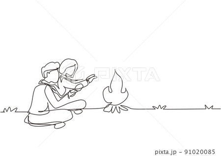 Single continuous line drawing romantic couple camping around campfire tents. Man woman warm their hands near bonfire sitting on ground. Nature trip. One line draw graphic design vector illustration Single continuous line drawing romantic couple camping around campfire tents. Man woman warm their hands near bonfire sitting on ground. Nature trip. One line draw graphic design vector illustration 91020085