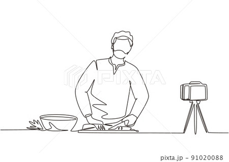 Continuous one line drawing Arabian chef standing in kitchen and cutting onion while filming himself for blog. On kitchen counter are vegetables and spices. Single line draw design vector illustration Continuous one line drawing Arabian chef standing in kitchen and cutting onion while filming himself for blog. On kitchen counter are vegetables and spices. Single line draw design vector illustration 91020088