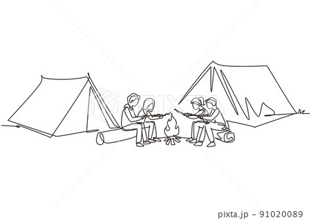 Single continuous line drawing friends sit on logs by campfire. Young tourists, campers in forest. Students roast marshmallows. Night camping entertainment. One line draw design vector illustration 91020089