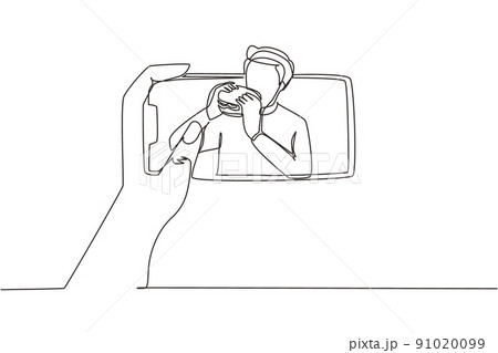 Continuous one line drawing male food blogger eating burger while creating new video for his live stream channel with smartphone. Food concept. Gastronomy. Single line draw design vector illustration Continuous one line drawing male food blogger eating burger while creating new video for his live stream channel with smartphone. Food concept. Gastronomy. Single line draw design vector illustration 91020099