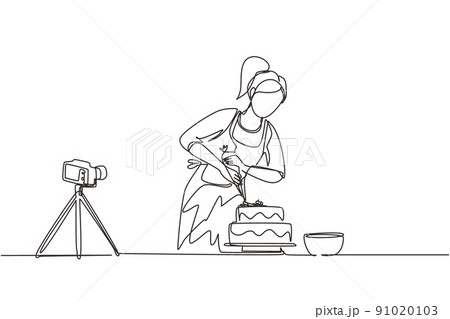 Single continuous line drawing girl baking and decorating cake at kitchen. Woman blogger recording video on camera, using tripod, posting it on social media. One line draw design vector illustration 91020103