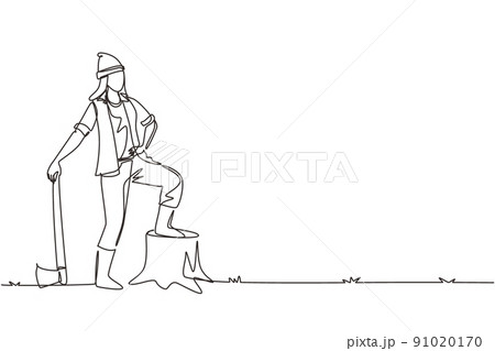 Single one line drawing woman lumberjack wearing plaid shirt, jeans, boots and beanie hat. Standing with ax and posing with one foot on a tree stump. Continuous line draw design vector illustration Single one line drawing woman lumberjack wearing plaid shirt, jeans, boots and beanie hat. Standing with ax and posing with one foot on a tree stump. Continuous line draw design vector illustration 91020170