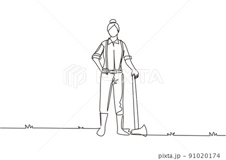 Single one line drawing woman lumberjack with axe standing wearing suspender shirt, jeans and boots. Female woodcutter pose on logging forest. Continuous line draw design graphic vector illustration 91020174