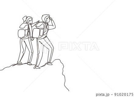 Single continuous line drawing couple on mountain. Happy woman, man climbers. Female hikers standing on rock look mountain landscape. Trekking outdoor. One line draw graphic design vector illustration Single continuous line drawing couple on mountain. Happy woman, man climbers. Female hikers standing on rock look mountain landscape. Trekking outdoor. One line draw graphic design vector illustration 91020175