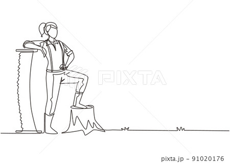 Continuous one line drawing beautiful woman lumberjack wearing suspender shirt, standing with big steel saw, posing with one foot on a tree stump. Single line draw design vector graphic illustration 91020176